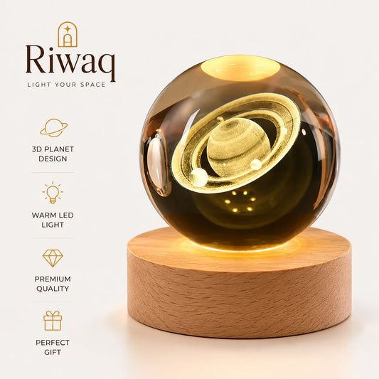 3D Glowing Saturn Crystal Ball Night Light – with Wooden LED Base