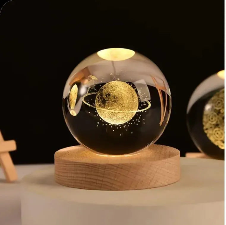 3D Glowing Earth Ring Crystal Ball Night Light – with Wooden LED Base