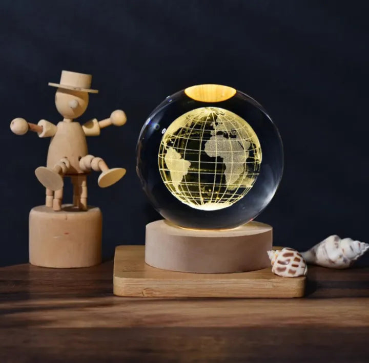 3D Glowing Earth Crystal Ball Night Light – with Wooden LED Base