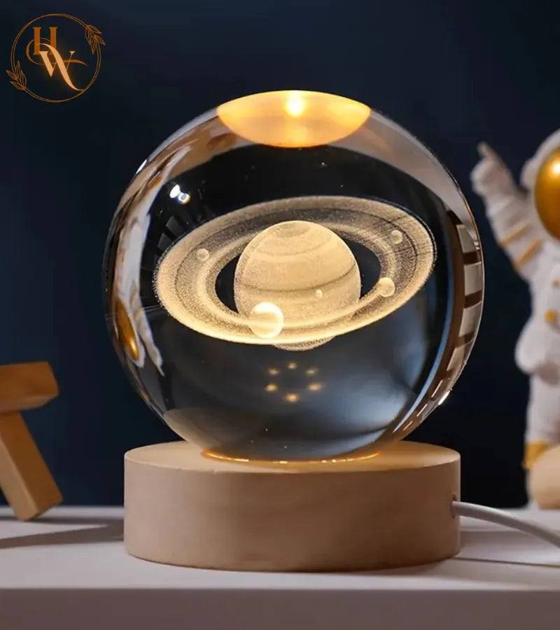 3D Glowing Saturn Crystal Ball Night Light – with Wooden LED Base