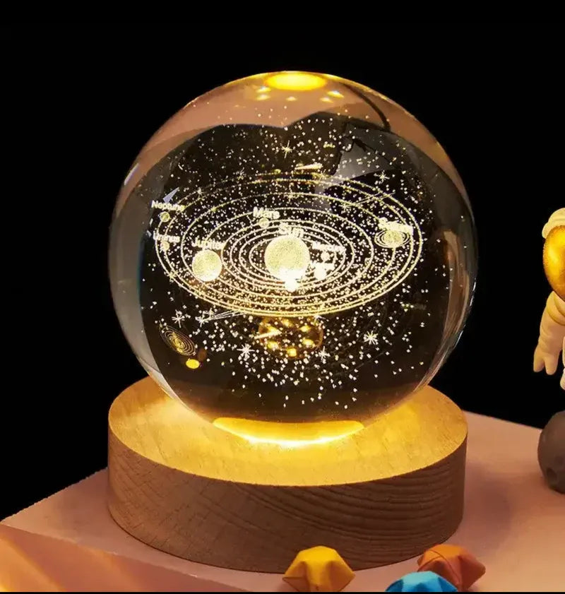 3D Glowing Galaxy Crystal Ball Night Light – with Wooden LED Base
