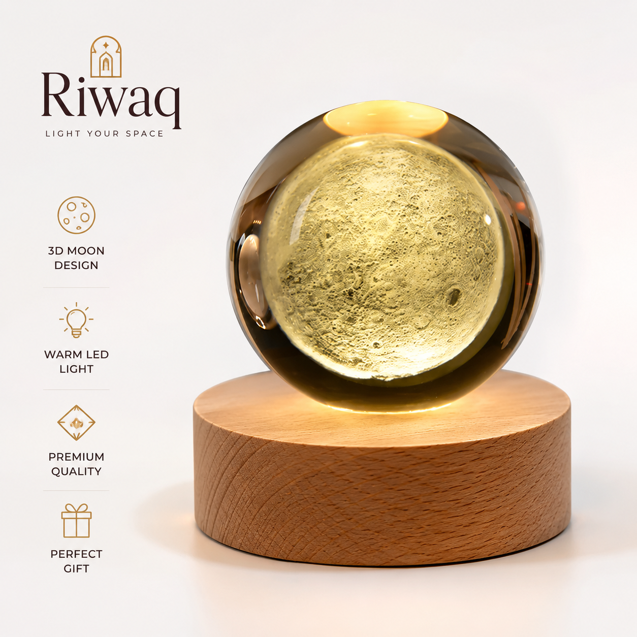 3D Glowing Moon Crystal Ball Night Light – with Wooden LED Base