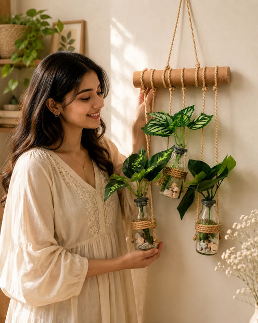 Wall Hanging Planter – 3 Tier Hanging Glass Jars with Artificial Greenery Plants on Eco-Friendly