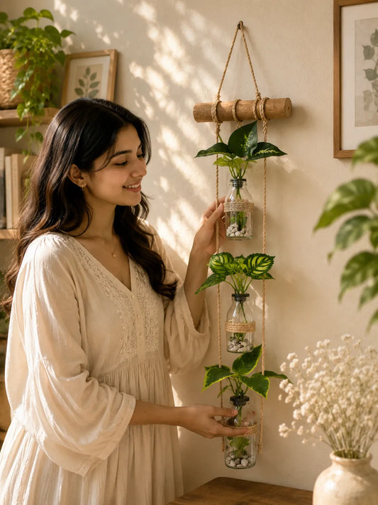 Vertical Wall Planter – 3 Tier Straight Hanging Glass Jars with Artificial Greenery Leaves