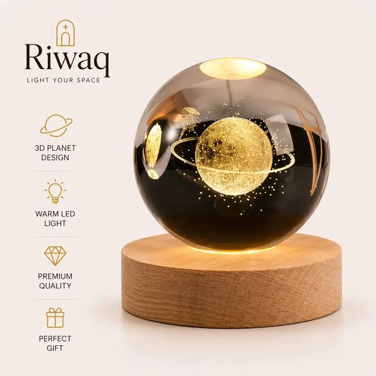 3D Glowing Earth Ring Crystal Ball Night Light – with Wooden LED Base