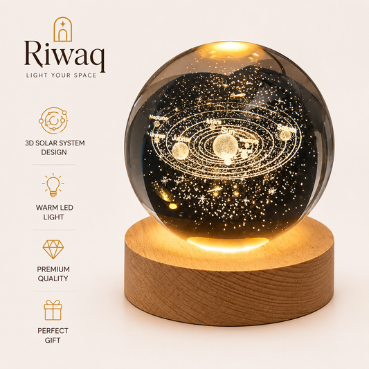 3D Glowing Galaxy Crystal Ball Night Light – with Wooden LED Base