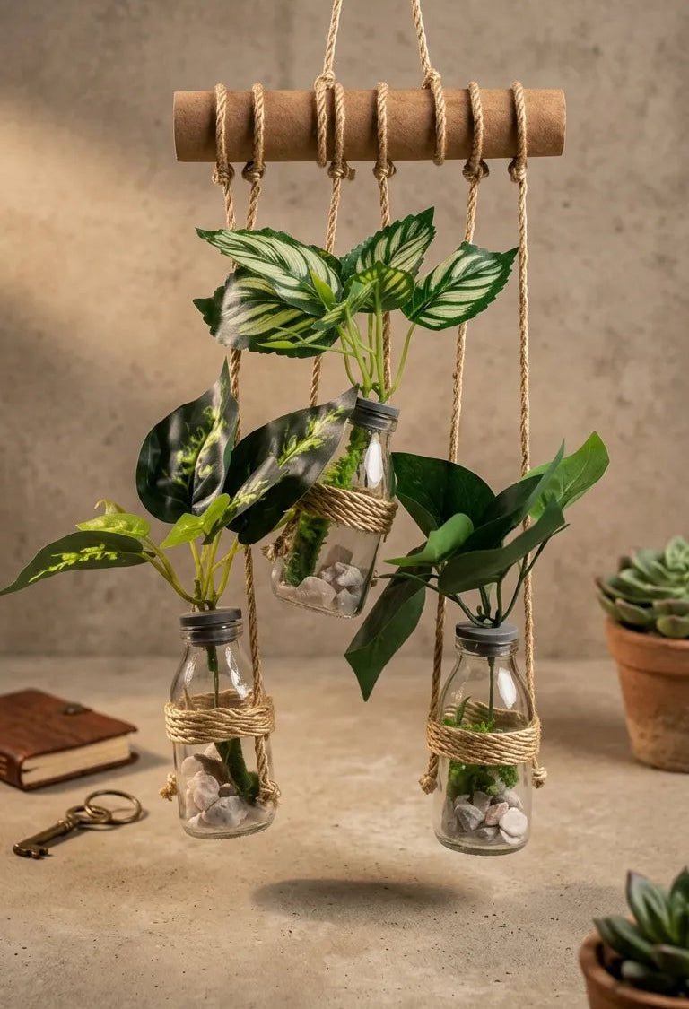 Wall Hanging Planter – 3 Tier Hanging Glass Jars with Artificial Greenery Plants on Eco-Friendly
