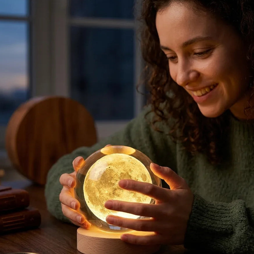 3D Glowing Moon Crystal Ball Night Light – with Wooden LED Base