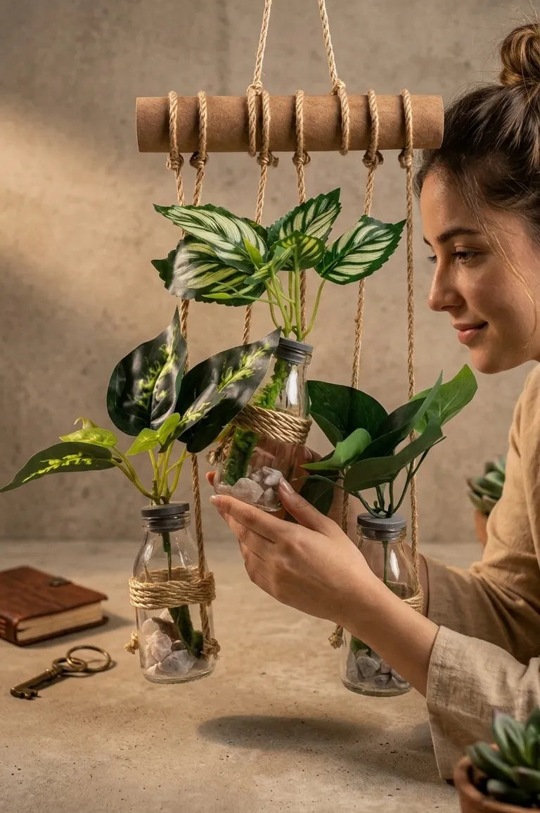 Wall Hanging Planter – 3 Tier Hanging Glass Jars with Artificial Greenery Plants on Eco-Friendly