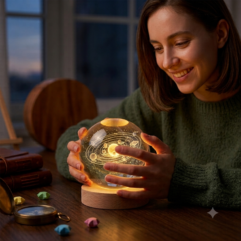 3D Glowing Galaxy Crystal Ball Night Light – with Wooden LED Base