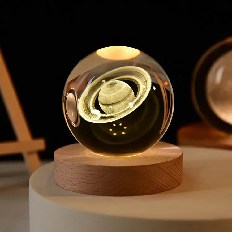 3D Glowing Saturn Crystal Ball Night Light – with Wooden LED Base
