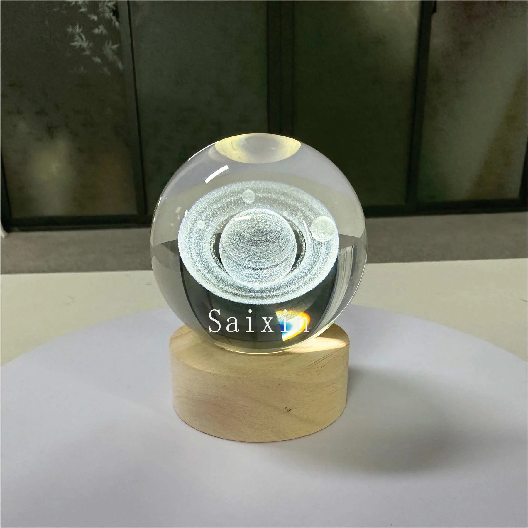 3D Glowing Saturn Crystal Ball Night Light – with Wooden LED Base