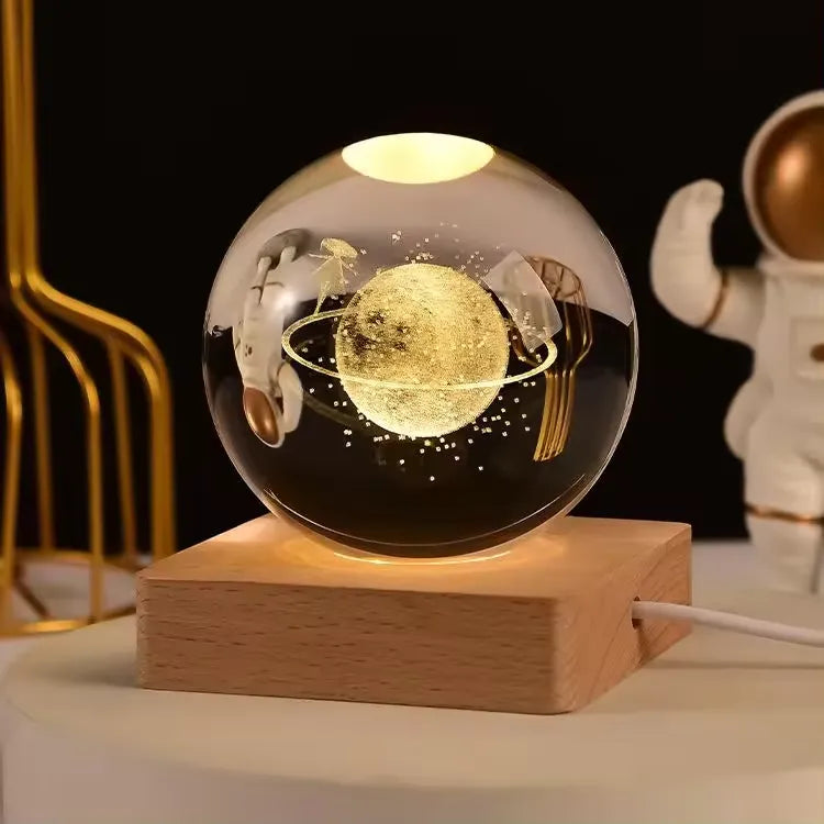 3D Glowing Earth Ring Crystal Ball Night Light – with Wooden LED Base