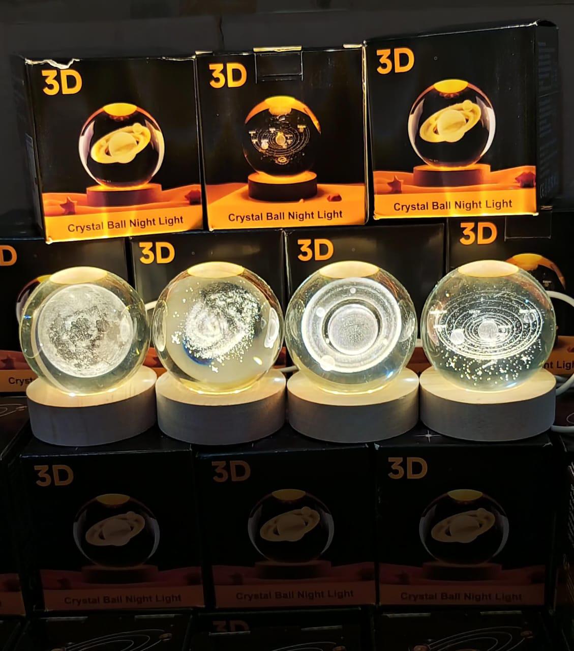 3D Glowing Earth Ring Crystal Ball Night Light – with Wooden LED Base