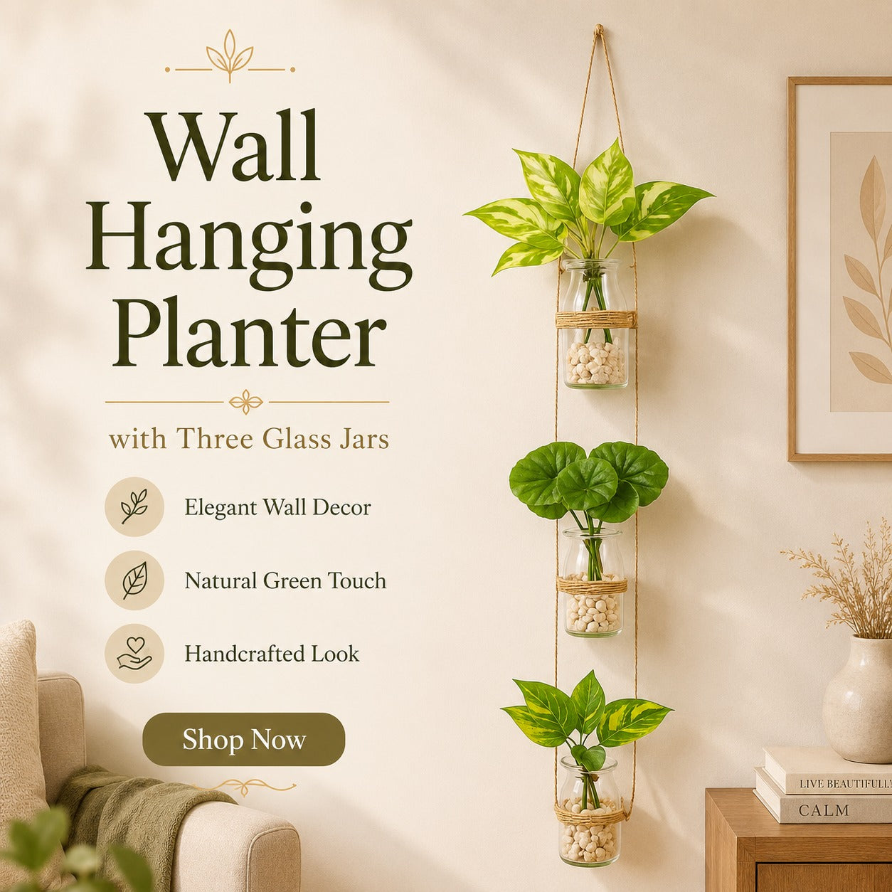 Vertical Wall Planter – 3 Straight Hanging Glass Jars