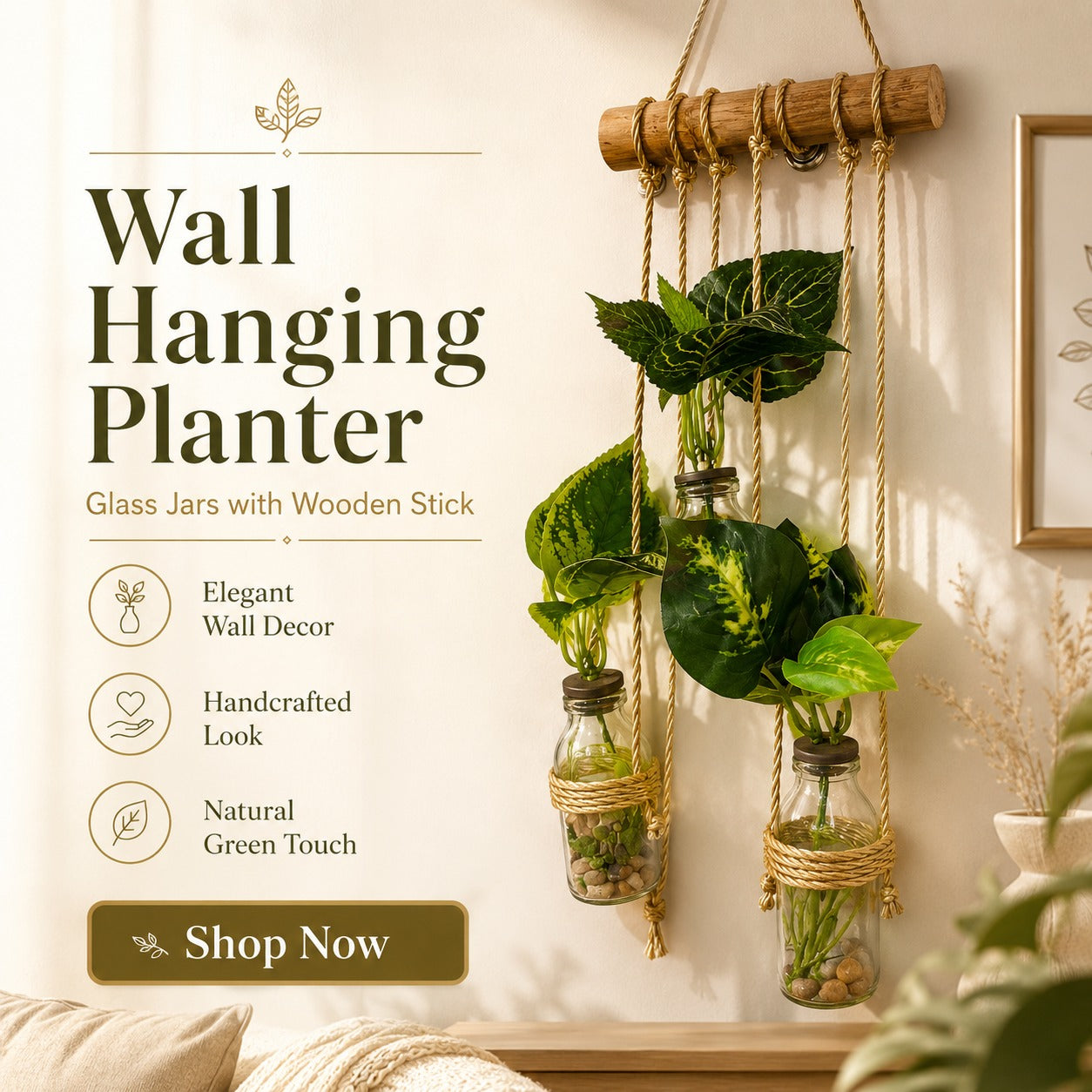 Wall Hanging Planter – 3 Tier Hanging Glass Jars with Artificial Greenery Plants on Eco-Friendly