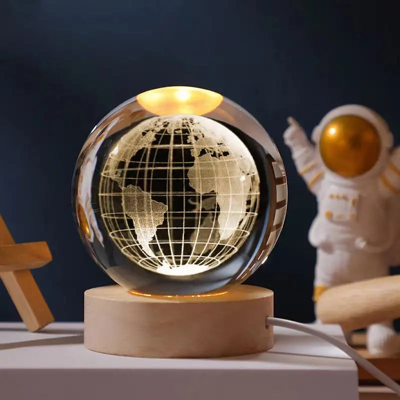 3D Glowing Earth Crystal Ball Night Light – with Wooden LED Base
