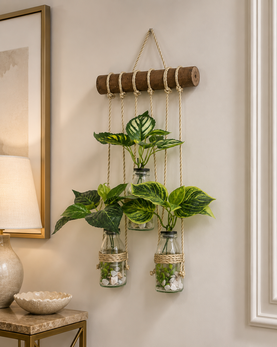 Wall Hanging Planter – 3 Tier Hanging Glass Jars with Artificial Greenery Plants on Eco-Friendly