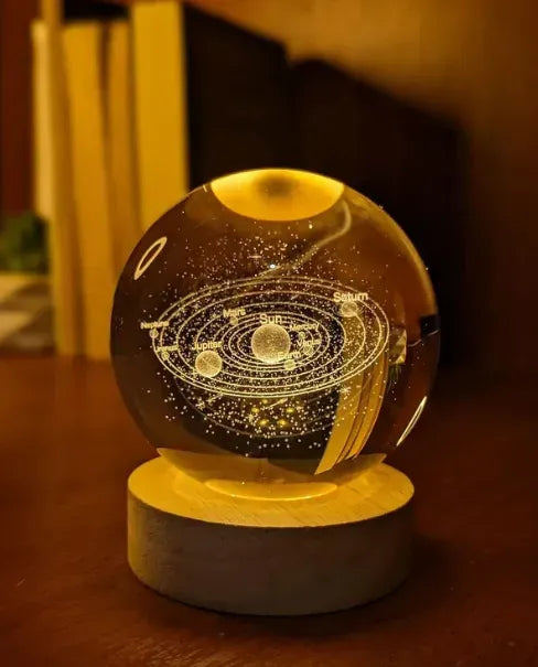 3D Glowing Galaxy Crystal Ball Night Light – with Wooden LED Base