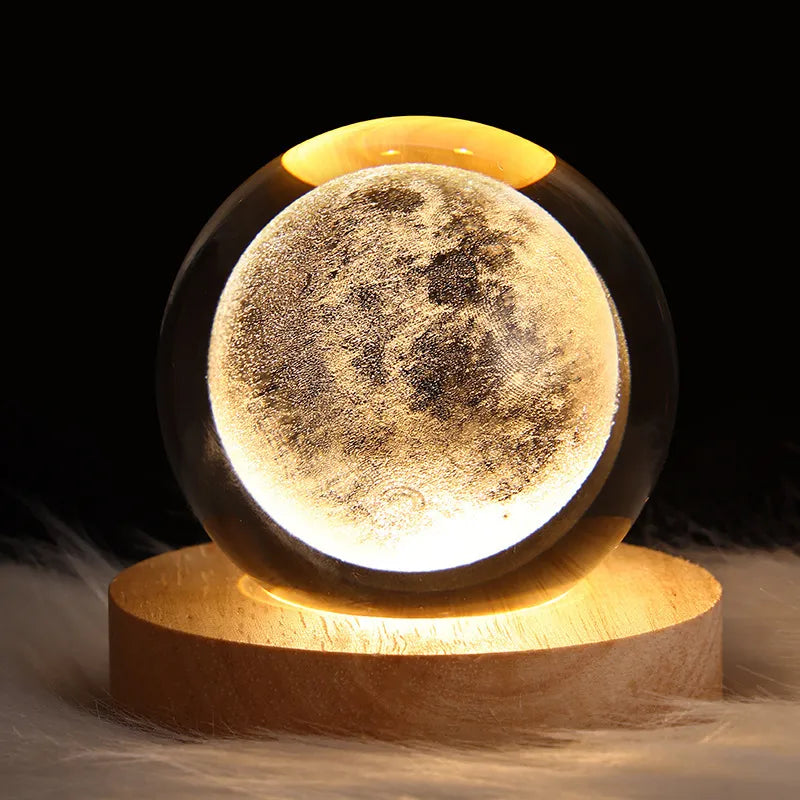 3D Glowing Moon Crystal Ball Night Light – with Wooden LED Base