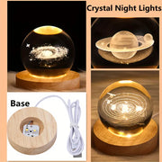 3D Glowing Earth Ring Crystal Ball Night Light – with Wooden LED Base