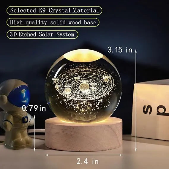 3D Glowing Galaxy Crystal Ball Night Light – with Wooden LED Base