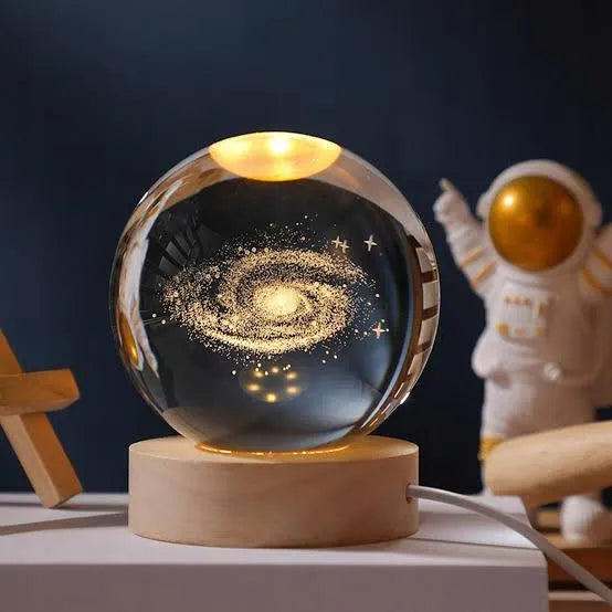 3D Glowing Galaxy Crystal Ball Night Light – with Wooden LED Base