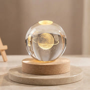 3D Glowing Earth Ring Crystal Ball Night Light – with Wooden LED Base