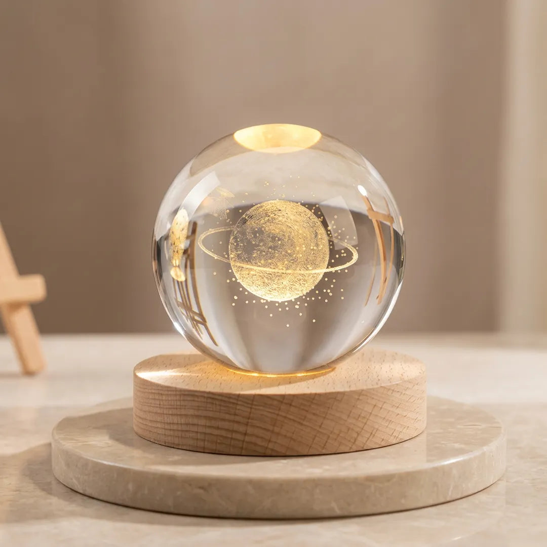 3D Glowing Earth Ring Crystal Ball Night Light – with Wooden LED Base