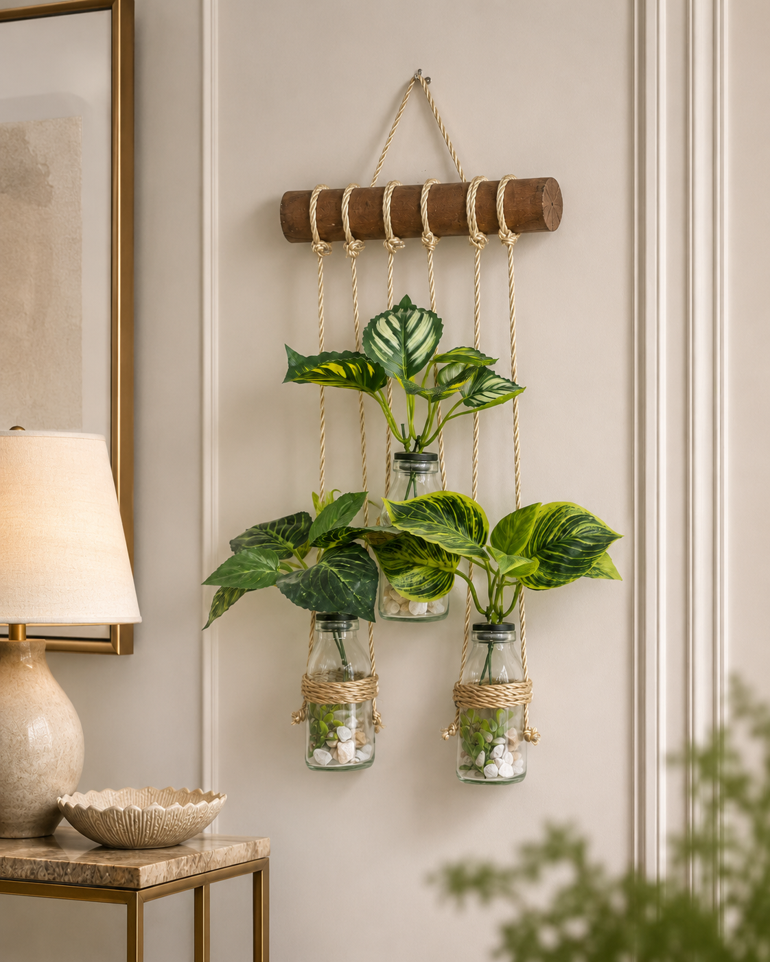 Wall Hanging Planter – 3 Tier Hanging Glass Jars with Artificial Greenery Plants on Eco-Friendly