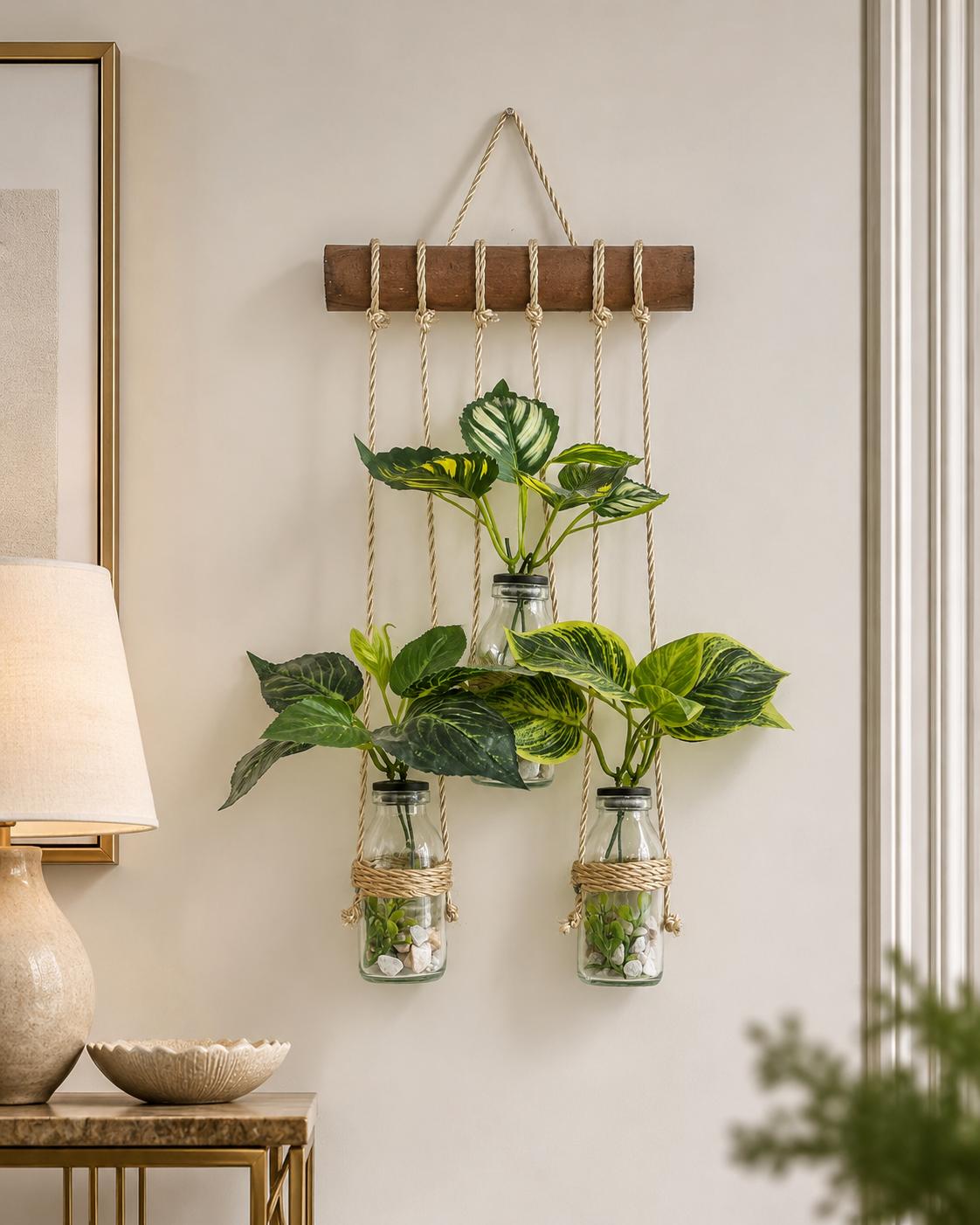 Wall Hanging Planter – 3 Tier Hanging Glass Jars with Artificial Greenery Plants on Eco-Friendly